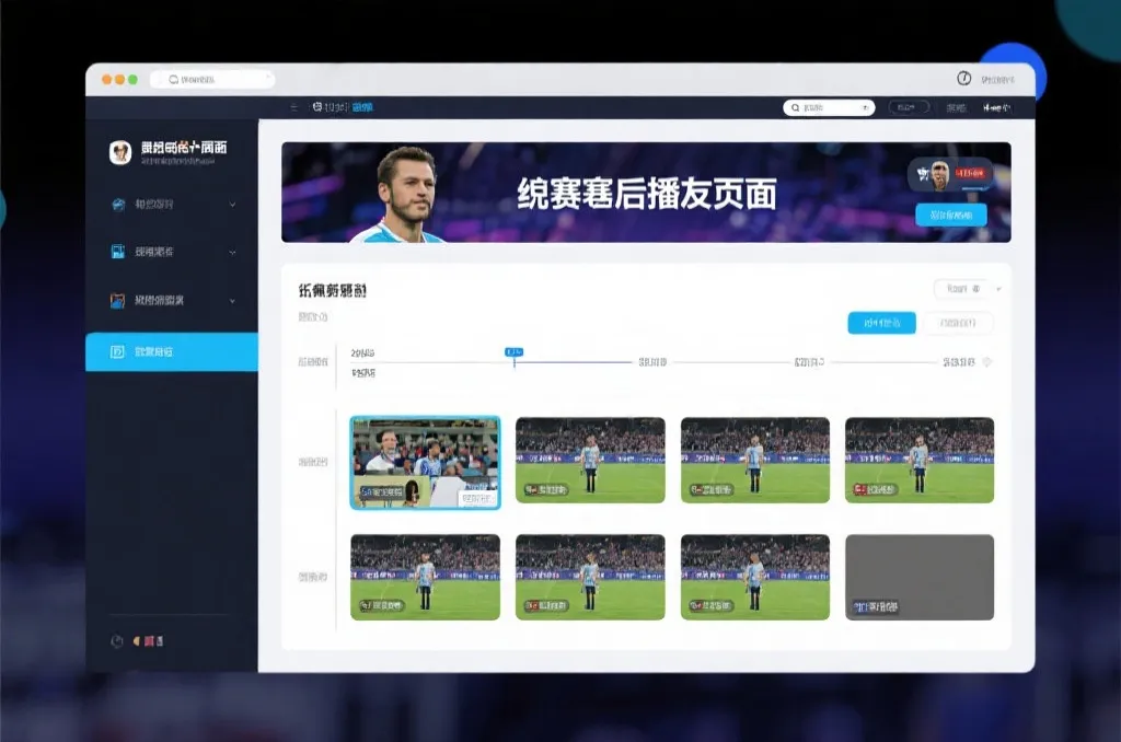 比赛结束后，电视屏幕展示集锦回放页面，旁边有时间轴和多角度切换提示